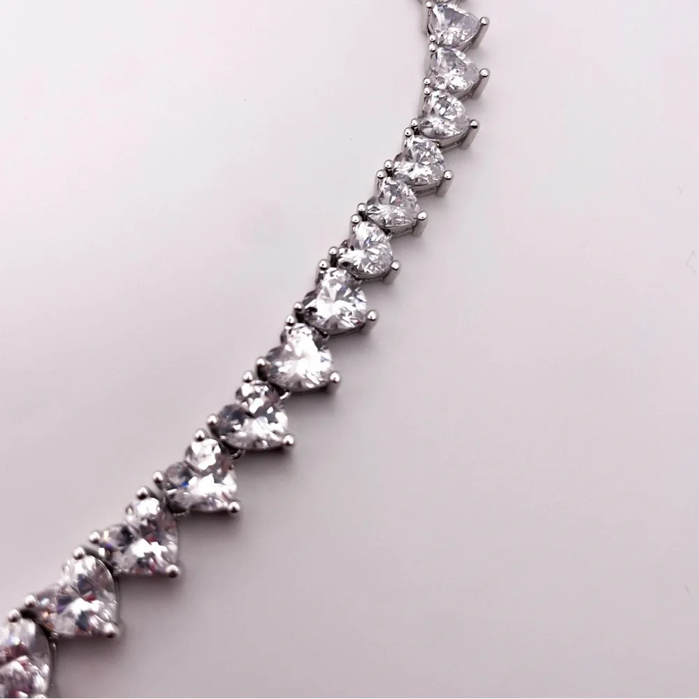 Silver Toned Heart Shaped Cubic Zirconia Tennis Necklace. 22 Inches. - Picture 8 of 13